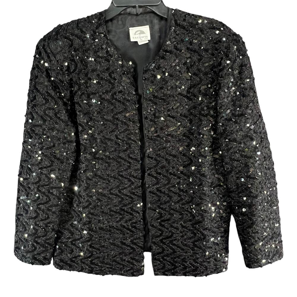 FA Chatta Vintage Sequin Jacket L Black Evening Cocktail‎ Glam USA Union Made